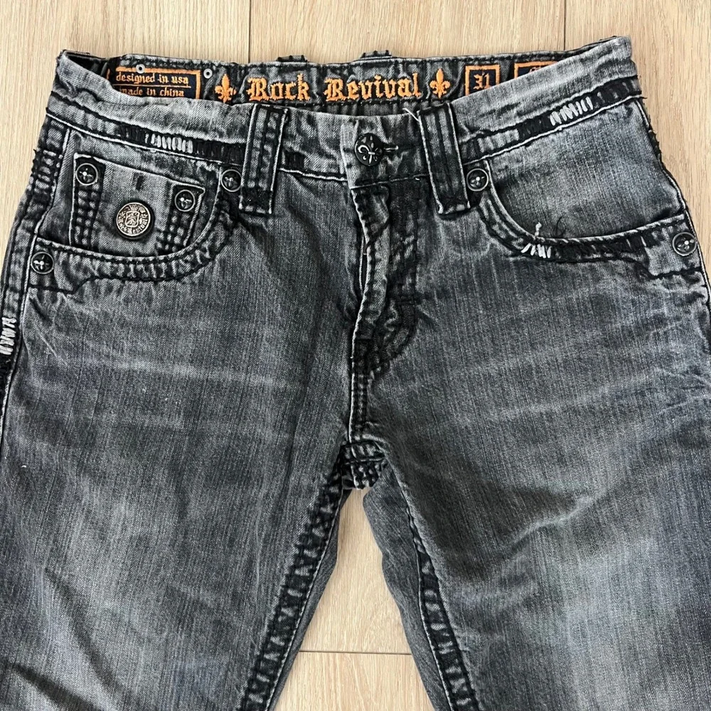 Rock Revival Moe Bootcut Jeans Faded Black Heavy Stitch.  Mens 31